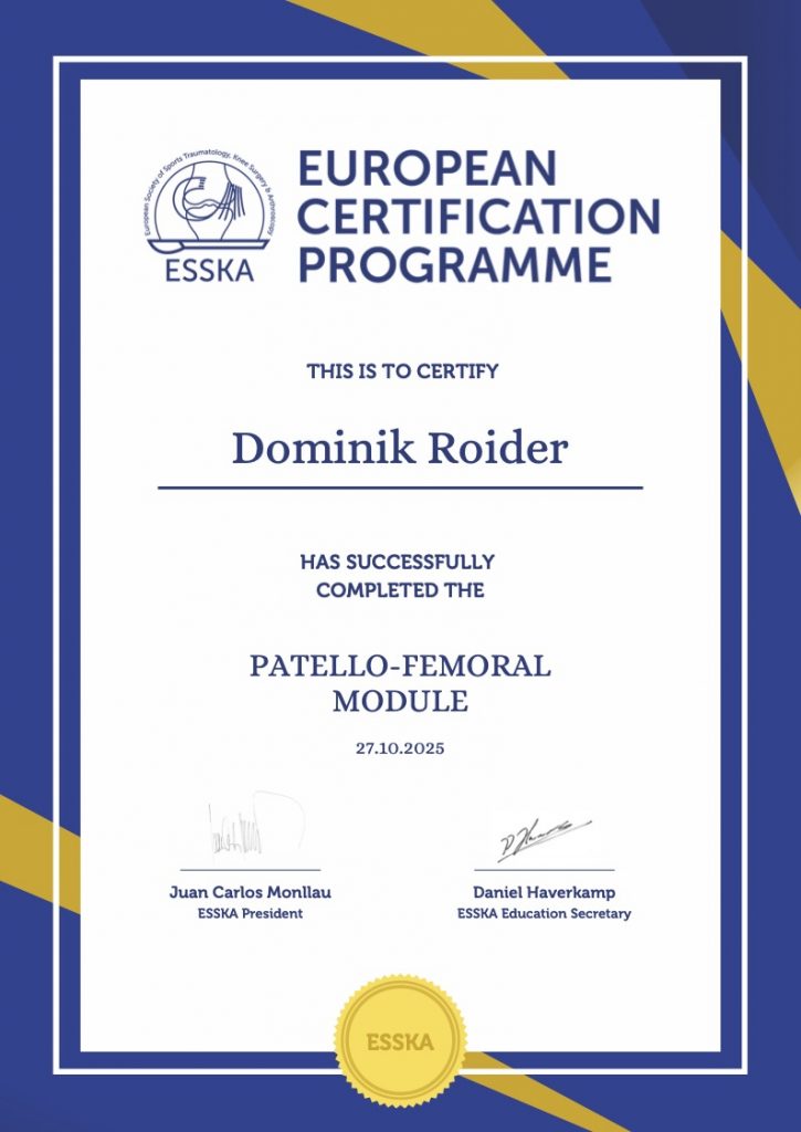 Zertifikat Patello Femoral Module Dominik Roider